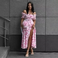 Robe longue fleurie à épaules dénudées blanche et rose avec fente latérale haute - S / Rose