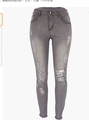 Detailansicht grauer High-Waist Skinny Jeans mit Rissen am Knie und Waschung - S / Hellgrau