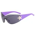 Y2K wraparound star sunglasses with vibrant purple temples and grey lenses - C2-Shiny Silver/Purple Temple/Full Gray