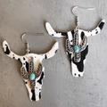 Western style cow skull earrings with faux cowhide pattern and turquoise cactus charm - 3-Black and White Cow Print