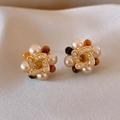 Macro shot of vintage floral cluster earrings with pearls and amber resin on silk - 26# Silver Earring Post - Gold/Brown - Gold Plated