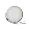 Collapsible white silicone travel cup with a cute bear relief and a grey carry strap - White