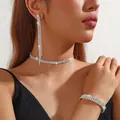 Detail of silver rhinestone jewelry set including fringe earrings, choker, and bracelet - DZ125-Silver 2-Row Necklace 3-Piece Set