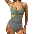 Detail of cross-wrap waist and striped pattern on this cutout one-piece swimsuit - Green Stripe