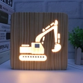 Detail of wooden night light with excavator carving and warm LED glow on a desk - Excavator/15cm