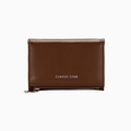 Brown matte leather tri-fold wallet with zipper pocket and silver classic logo - Coffee