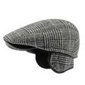 Men's winter grey plaid flat cap with fold-away earflaps in vintage wool blend - M (56-58cm) / Light Gray