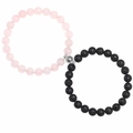 Detail of magnetic couple bracelets featuring matte black stone and pink quartz beads - Rose Quartz & Black Lava Stone Magnetic Style (Style-05)