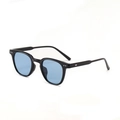 Retro round black sunglasses with light blue lenses and silver rivets for men and women - Glossy Black Blue
