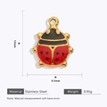Macro detail of ladybug pendant charm with size specs: 12mm height and 8.5mm width - Gold Ladybug