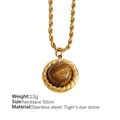 Gold stainless steel twisted rope chain necklace featuring a round tiger eye stone pendant - XL79 Necklace (1 Piece)