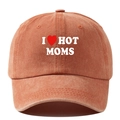 Close-up of I Heart Hot Moms embroidery on vintage washed red cotton baseball cap - Adjustable / Orange