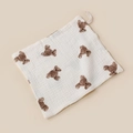 Soft baby muslin square washcloth featuring cute brown bear print and convenient hanging loop - 23x23cm / Single Bear