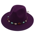 Dark purple wide brim felt fedora hat with bohemian gemstone and shell decorative band - M (56-58cm) / Purple