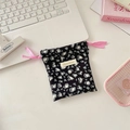 Floral drawstring storage bag with black heart patterns and bright pink ribbons - 14cm*16cm / Corduroy Leopard Heart Black