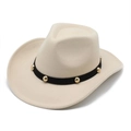 Close-up of beige felt cowboy hat featuring black decorative band with gold metal studs - S (54cm) / Beige