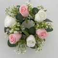 Pink and white rose candle ring with eucalyptus leaves for floral table decoration - New Wreath Pink White
