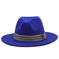 Detail of royal blue wool fedora hat featuring a striped ribbon band and elegant folds - Sapphire Blue