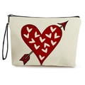 Beige canvas makeup bag with a red heart and arrow print and black wrist strap - Beige Heart Pattern