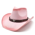 Pink woven straw cowboy hat featuring a silver bull head pendant on a black studded band - M (56-58cm) / Rose Red and Pink