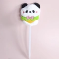 Close-up of a plush panda character ballpoint pen with a green scarf on pink background - 0.7mm Bullet Tip / White Panda