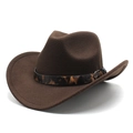 Dark brown felt cowboy hat with leopard print band and metal buckle on white background - M (56-58cm) / Coffee