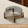 Large 3800ml smoky grey glass salad bowl with minimalist acacia wood cross base - 3800ml / Large Smoky Gray (Acacia Wood Stand)