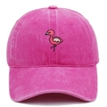Detailed close-up of flamingo embroidery on rose pink washed cotton baseball cap - Adjustable / Rose Red