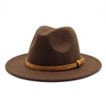 Detail of dark brown wool fedora hat featuring a woven leather band and metal buckle - M (56-58cm) / Coffee