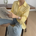 Women's yellow and white striped long sleeve shirt styled with light blue ripped denim jeans - XS / Yellow