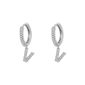 Silver V-letter pendant earrings with sparkling zircons in a minimalist luxury design - Letter V / Silver