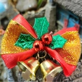Christmas bow tie with red gold ribbon, green leaves, berries and double bells - Christmas Bow 9