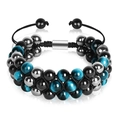 Drelagiges blaues Tigerauge-Armband mit verstellbarer Kordel und silbernen Metallperlen - Dreifach gewebte Schicht / Blaues Tigerauge Mit Schwarzen Perlen