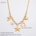 Golden stainless steel necklace with dolphin, pearl, starfish, and rainbow charms XL31127 - XL31127 Dolphin Rainbow Ocean Theme