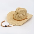 Handcrafted straw boater hat with hollow weave and brown drawstring in beige finish - Handmade Crochet Cowboy Hat - Beige