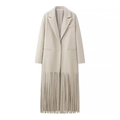 Elegant off-white long trench dress with fringe hem and sophisticated blazer collar - S / Off White