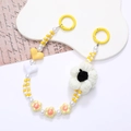 Handmade beaded phone strap featuring white crochet flower and yellow heart charms - Yellow Flower Style (K2666)