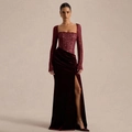 Elegantes weinrotes Samtabendkleid mit Spitzenoberteil und hohem Schlitz am Rock - S / Burgunderrot