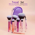 Detail of 10-piece multi-color makeup brush set with bi-color fibers and round storage bag - 10 Pcs Short Handle Multicolor