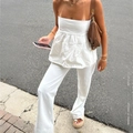 Women's casual white strapless tube top and wide-leg trousers linen set for vacation - XL / Off White