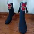 Dark blue Christmas socks with 3D reindeer design and magnetic hand-holding feature - Dark Blue Christmas Reindeer