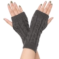 Close-up of dark grey cable knit fingerless gloves with a thick warm acrylic texture - One Size / Dark Gray