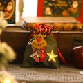 Green burlap Christmas gift bag featuring 3D cartoon reindeer with red drawstring - Reindeer Green Drawstring Bag