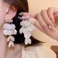 Elegant floral drop earrings with white petals and crystals on model closeup - Cream Layered Petal Long Earrings - Gold White (12#)