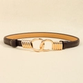 Dark brown leather skinny belt for women featuring a gold interlocking floral metal buckle - Geometric Buckle-Coffee