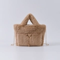 Faux rabbit fur tote bag in camel tan with gold deer head buckle and chain strap - Bright Khaki