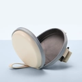 Portable cream round hardshell storage case with soft grey velvet lining and zipper - Folding Sunglasses Case