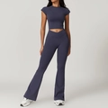 Slim fit yoga set in greyish blue featuring crop top and V-cross high waist flare pants - S / Top And Bottom / Short Sleeve + Flare Pants / Blue Gray