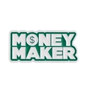 Money Maker gold coin brooch in white and green with dollar sign symbol - MONEY MAKER Letter