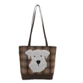 Bolso tote de cuadros marrones con parche de perro de peluche y correas oscuras - Cachorro Blanco